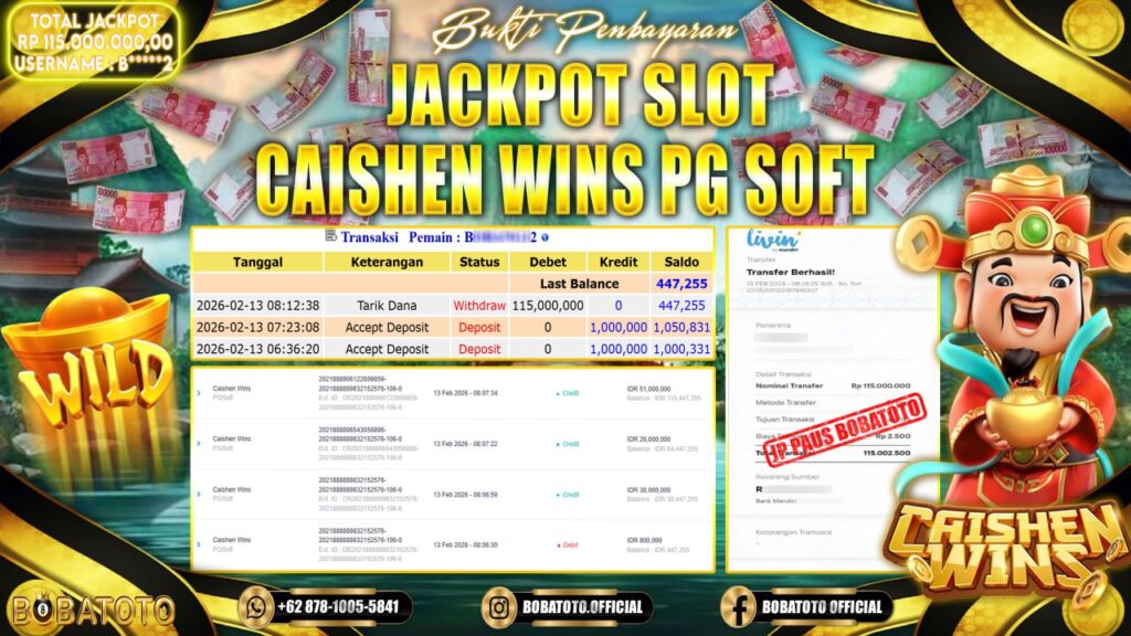 BOBATOTO JACKPOT SLOT CAISHEN WINS PG SOFT Rp.115,000,000- LUNAS!!