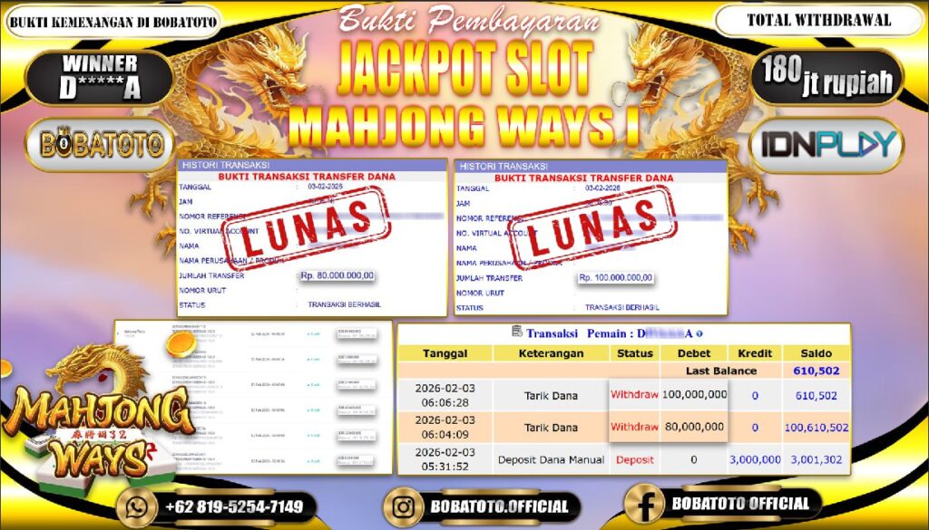 BOBATOTO JACKPOT SLOT MAHJONG WAYS Rp.180,000,000- LUNAS!!