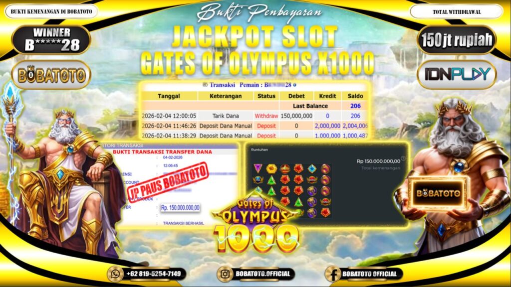 BOBATOTO JACKPOT SLOT PRAGMATIC GATES OF OLYMPUS 1000 Rp.150,000,000,- LUNAS!!