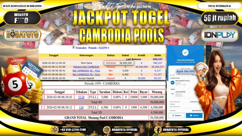 BOBATOTO JACKPOT TOGEL CAMBODIA Rp.56,000,000,- LUNAS!!