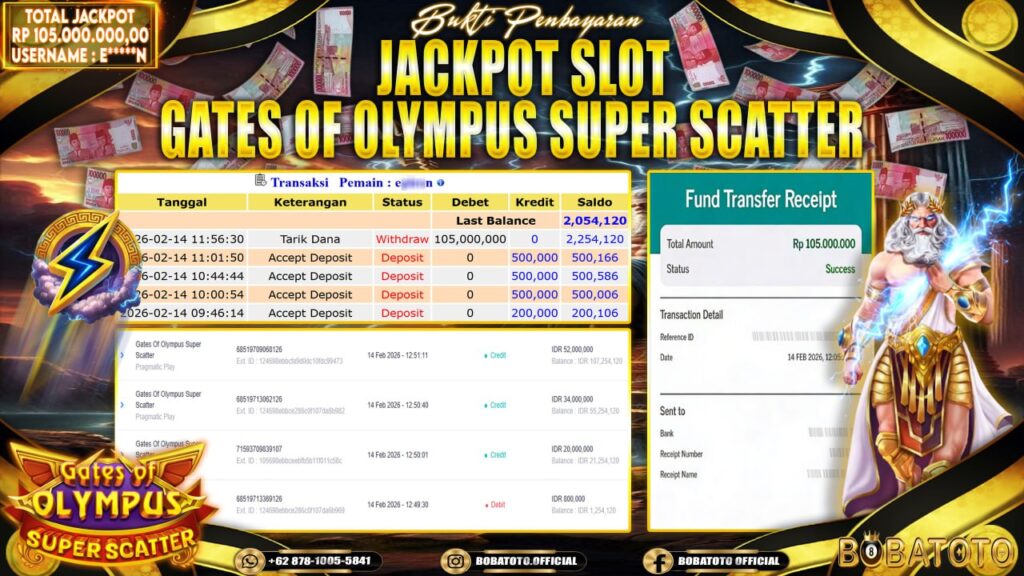 BOBATOTO JACKPOT SLOT PRAGMATIC GATES OF OLYMPUS SUPER SCATTER Rp.105,000,000,- LUNAS!!